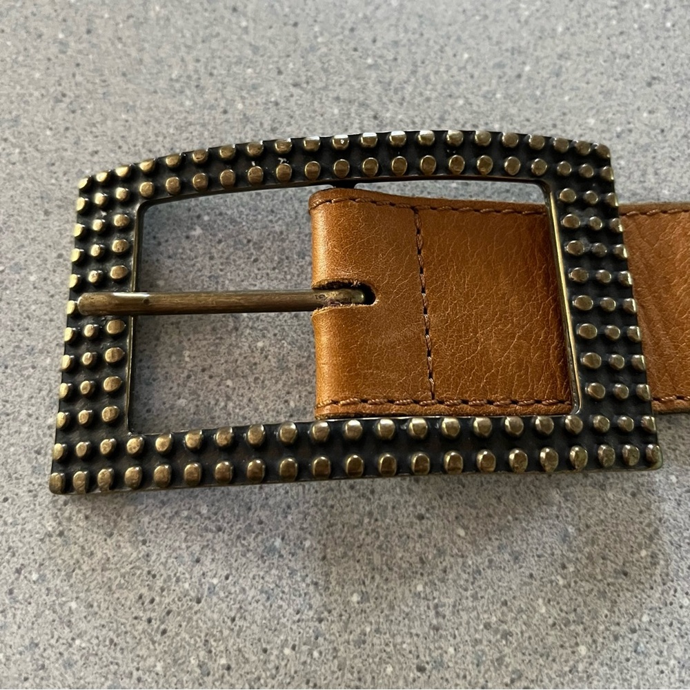 VTG ABACO Paris Caramel Tan SOFT Leather Boho Belt Textured Brass Buckle Sz 32